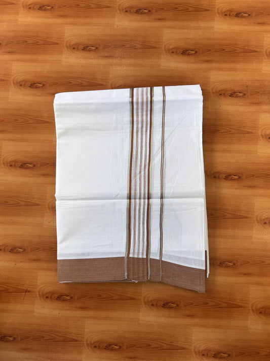 Pure White Double Mundu/Dhoti - 20% Discount ! Kaitharikada Balaramapuram 100% Cotton - 100x80 - 1.75 inch Silver Kasav & Brown Shaded Striped Kara 3.90 m (8 muzham) - 40 KK5432 PMC