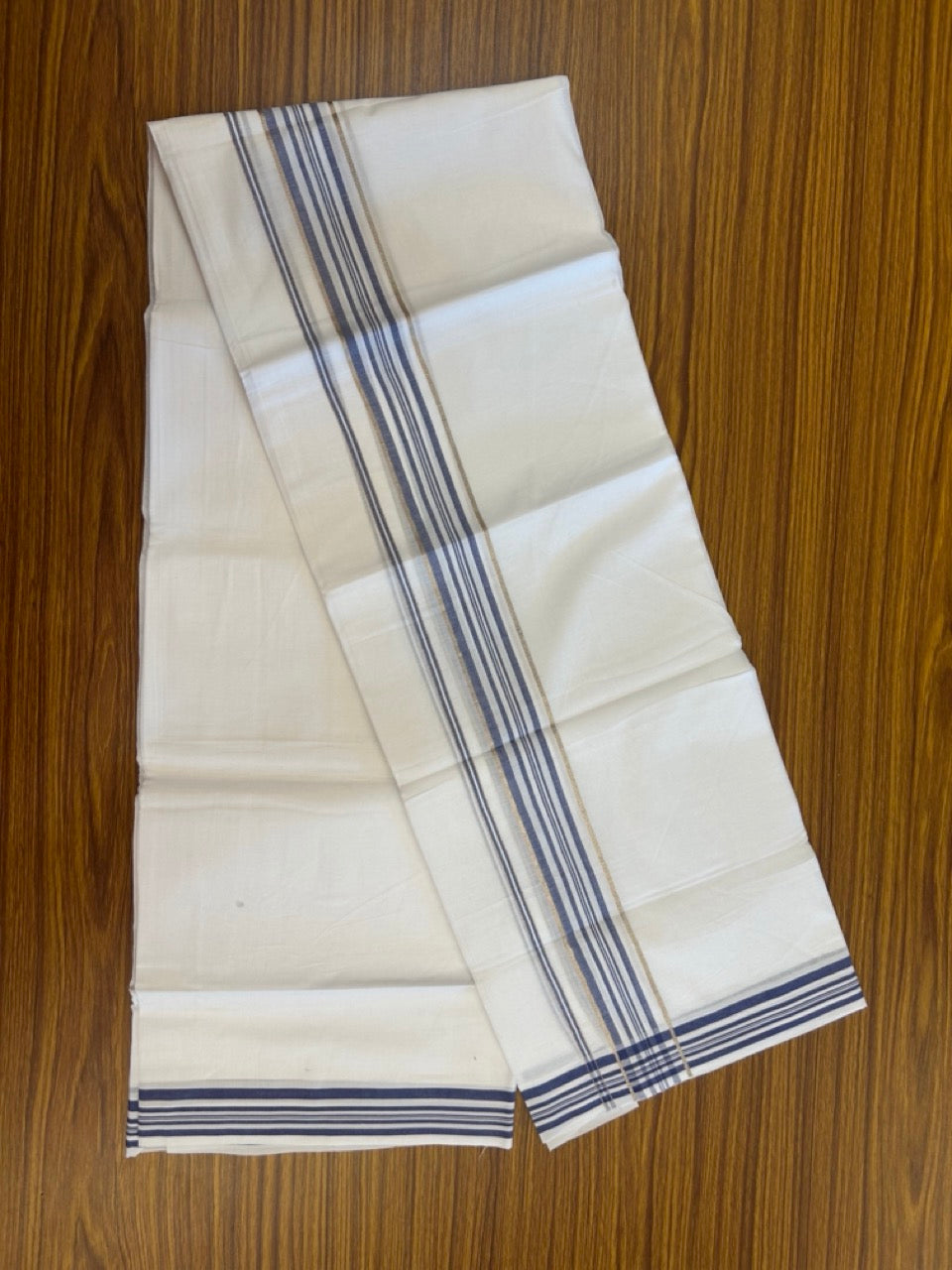 20% Discount ! Kaitharikada Balaramapuram 100% Cotton PURE WHITE Double Mundu/Dothi - 100x80 - 1.5 inch Silver Kasav & Blue Shaded Striped Kara 3.90 mtr (8 muzham) - 40 KK5294 THI