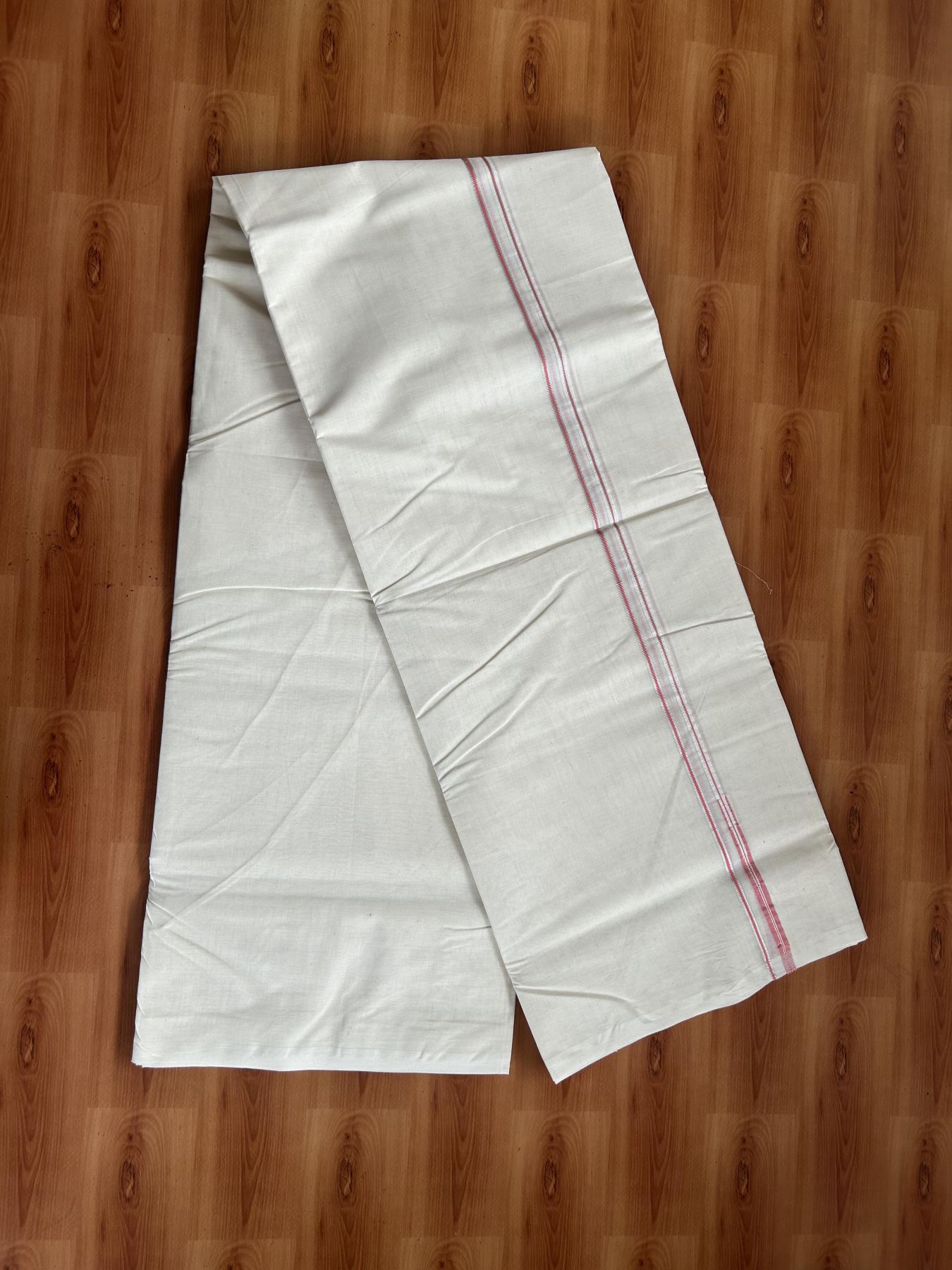 20% Discount! KaithariKada Balaramapuram 100% Cotton Double Off white Mundu/Dhoti- 100x100 - 0.2 cm Puliyilakkara Silver Kasav & Pink Chutty Kara 4 mtr (8.5 muzham) - 11 KK5392 ASH