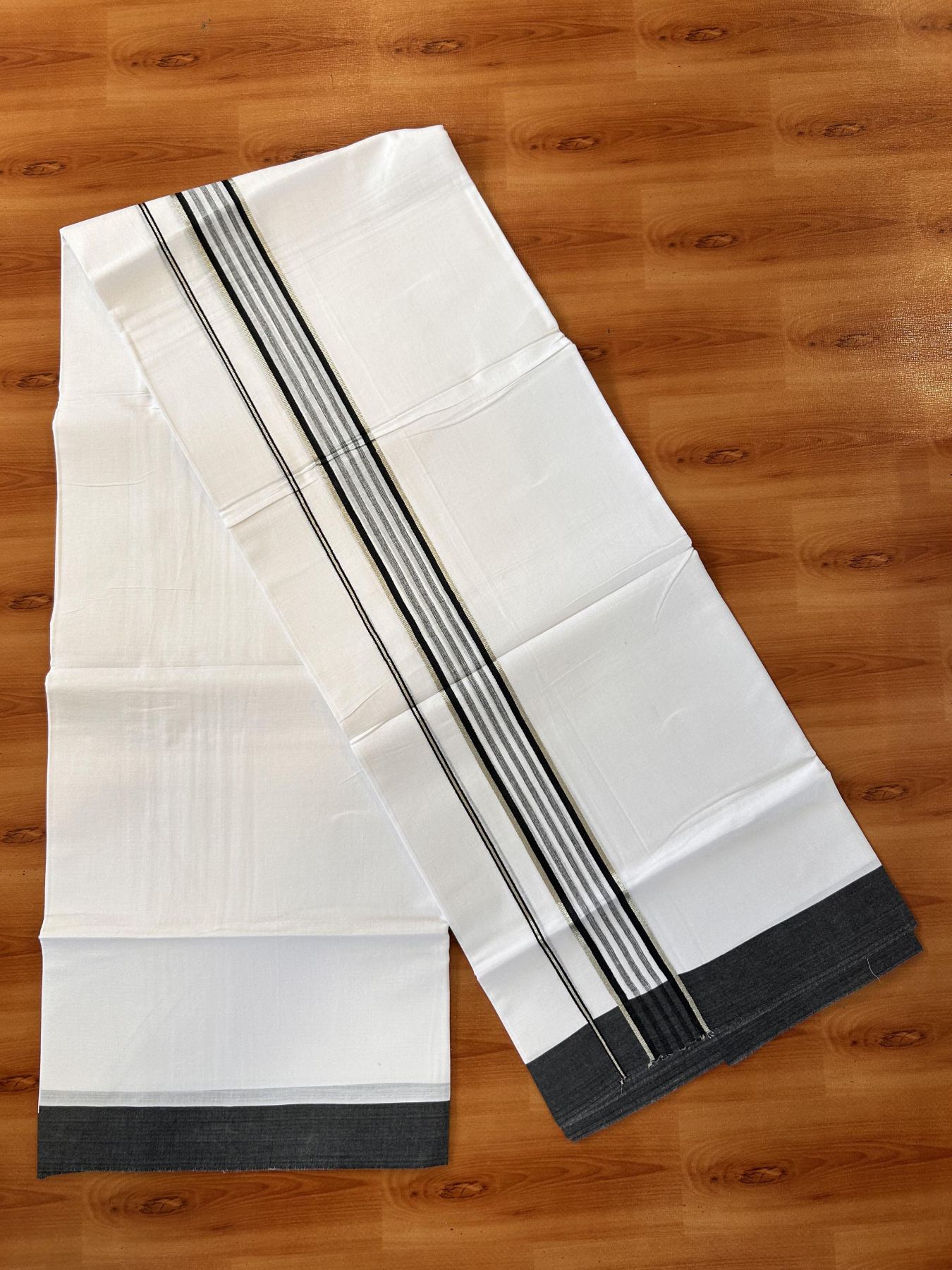 Pure White Double Mundu/Dhoti - 20% Discount ! Kaitharikada Balaramapuram 100% Cotton - 100x80 - 1.75 inch Silver Kasav & Black Shaded Striped Kara 3.90 m (8 muzham) - 39 KK5432 PMC