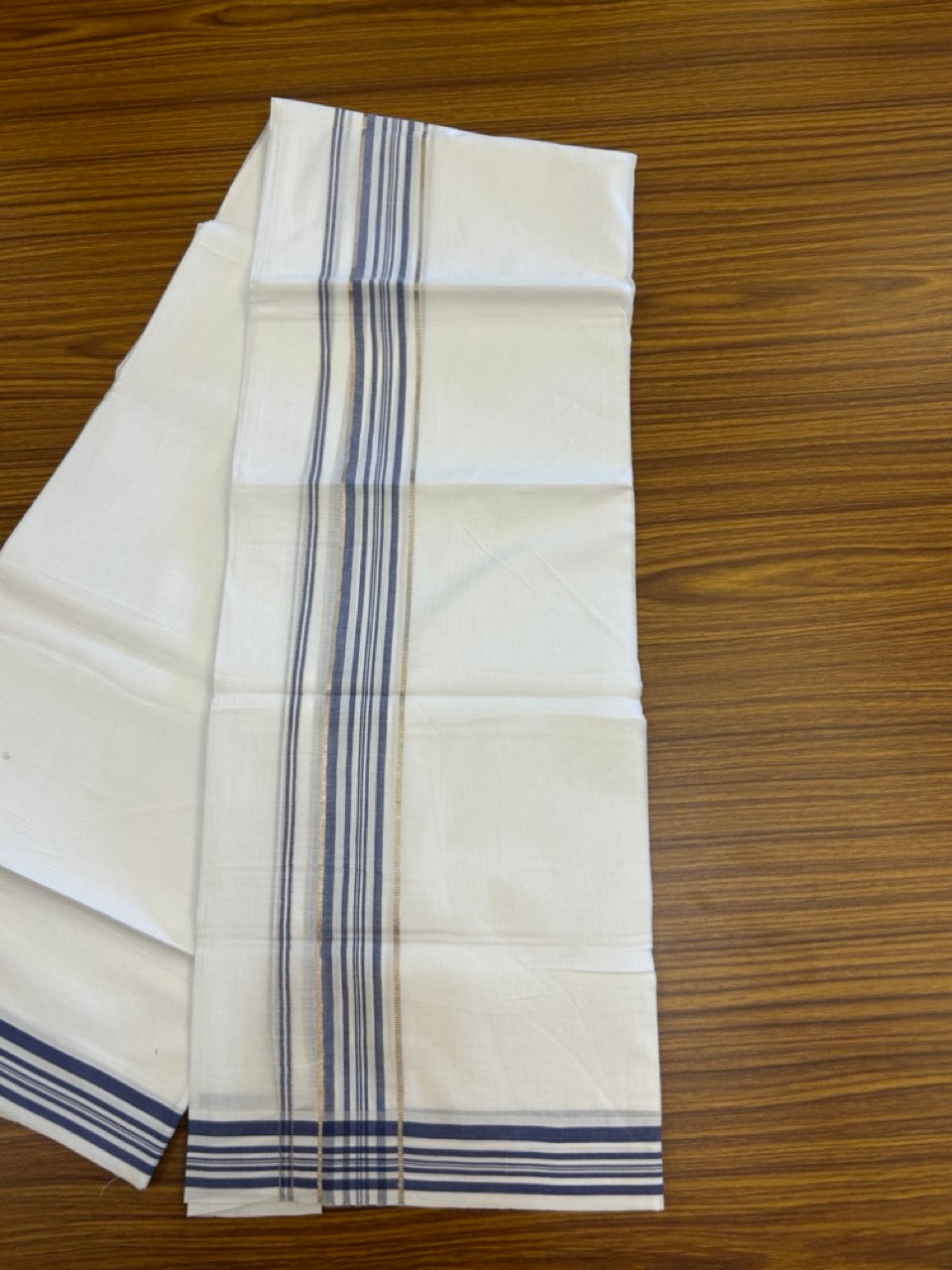 20% Discount ! Kaitharikada Balaramapuram 100% Cotton PURE WHITE Double Mundu/Dothi - 100x80 - 1.5 inch Silver Kasav & Blue Shaded Striped Kara 3.90 mtr (8 muzham) - 40 KK5294 THI