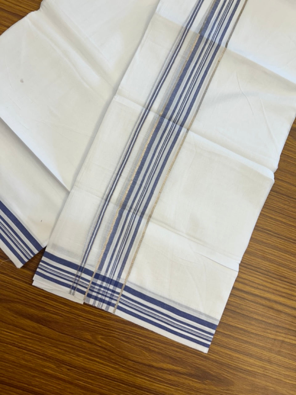 20% Discount ! Kaitharikada Balaramapuram 100% Cotton PURE WHITE Double Mundu/Dothi - 100x80 - 1.5 inch Silver Kasav & Blue Shaded Striped Kara 3.90 mtr (8 muzham) - 40 KK5294 THI