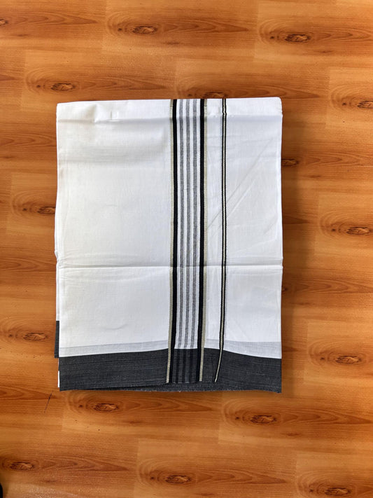 Pure White Double Mundu/Dhoti - 20% Discount ! Kaitharikada Balaramapuram 100% Cotton - 100x80 - 1.75 inch Silver Kasav & Black Shaded Striped Kara 3.90 m (8 muzham) - 39 KK5432 PMC