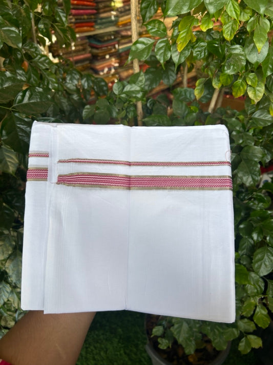 20% Discount ! Kaitharikada Balaramapuram 100% Cotton PURE WHITE Double Mundu/Dothi - 100x80 - 0.75 inch Silver Kasav Maroon Striped Kara 3.90 mtr (8 muzham) - 67 KK5294 THI