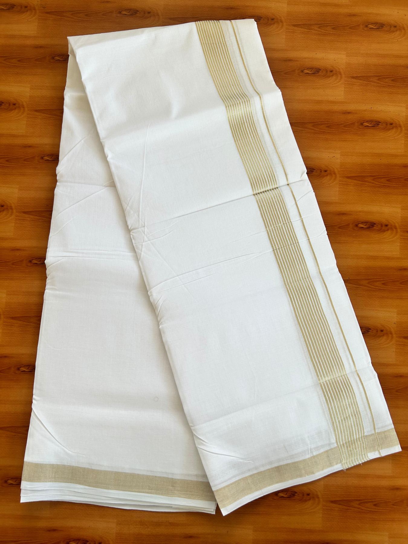 Double Pure White 25% Discount ! KaithariKada Handloom Millpaav - Kerala Handloom - 100% Pure Cotton - 80x90 - 1.5 Inch Light Gold Kasav Striped Kara 3.90 mtr (8.36 Muzham) - 23 KK5496 YAR