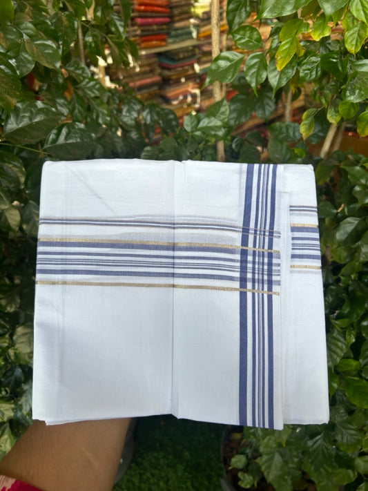 20% Discount ! Kaitharikada Balaramapuram 100% Cotton PURE WHITE Double Mundu/Dothi - 100x80 - 1.5 inch Silver Kasav & Blue Shaded Striped Kara 3.90 mtr (8 muzham) - 40 KK5294 THI