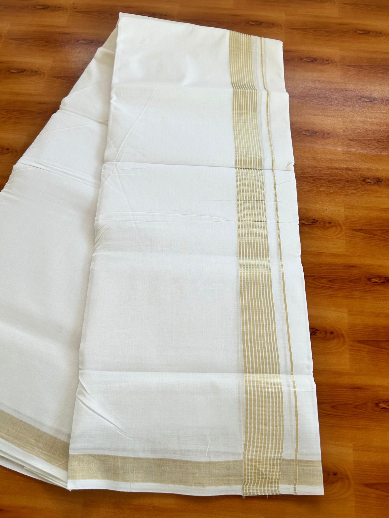 Double Pure White 25% Discount ! KaithariKada Handloom Millpaav - Kerala Handloom - 100% Pure Cotton - 80x90 - 1.5 Inch Light Gold Kasav Striped Kara 3.90 mtr (8.36 Muzham) - 23 KK5496 YAR