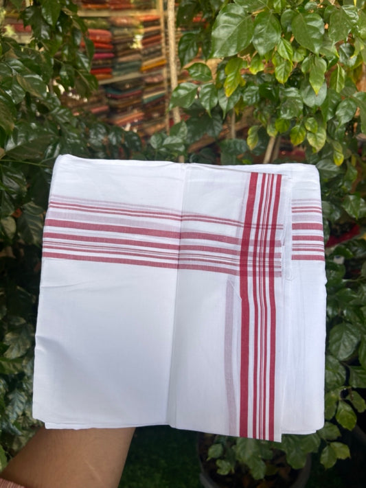 20% Discount ! Kaitharikada Balaramapuram 100% Cotton PURE WHITE Double Mundu/Dothi - 100x80 - 1.25 inch Maroon Shaded Striped Kara 3.90 mtr (8 muzham) - 57 KK5294 THI