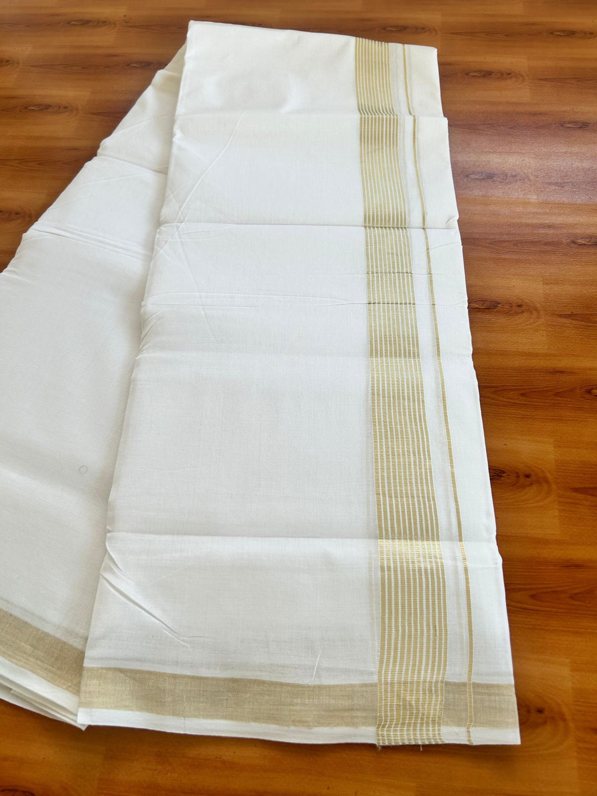 Double Pure White 25% Discount ! KaithariKada Handloom Millpaav - Kerala Handloom - 100% Pure Cotton - 80x90 - 1.5 Inch Light Gold Kasav Striped Kara 3.90 mtr (8.36 Muzham) - 23 KK5496 YAR