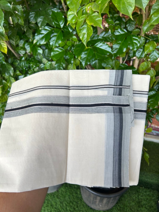 20% DISCOUNT! KaithariKada Balaramapuram 100% Cotton Double OFF WHITE (unbleached) Mundu/Dhoti- 100x80- 1.5 inch Silver Kasavu Black & Grey Stripes Shaded Kara 4 mtr (8.5 muzham) - 66KK5227 PMC
