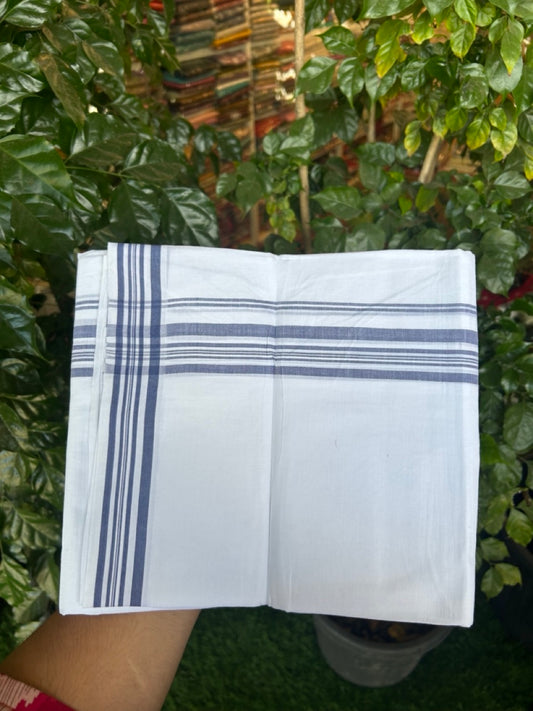 20% Discount ! Kaitharikada Balaramapuram 100% Cotton PURE WHITE Double Mundu/Dothi - 100x80 - 1.25 inch Blue Shaded Striped Kara 3.90 mtr (8 muzham) - 56 KK5294 THI
