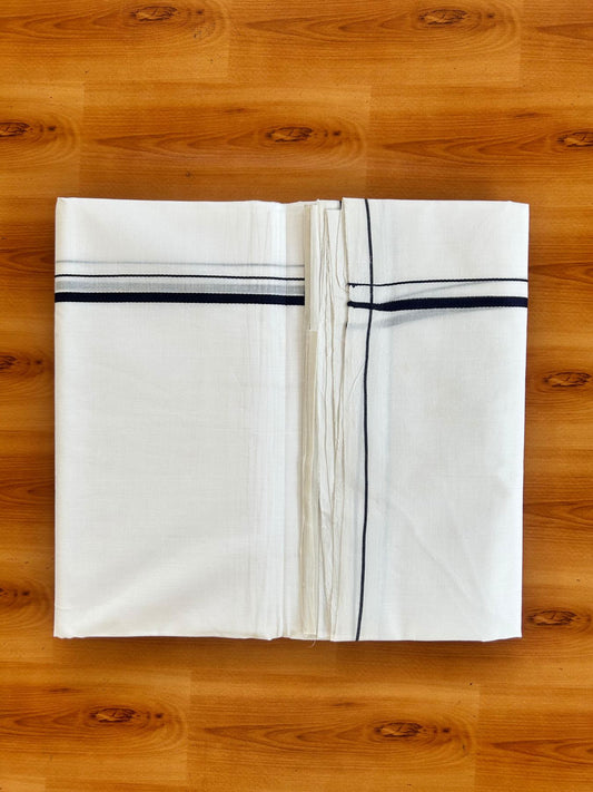 Double Pure White 25% Discount ! KaithariKada Handloom Millpaav - Kerala Handloom - 100% Pure Cotton - 80x90 - 0.5 cm Navy Blue Thin Kara 3.90 mtr (8.36 Muzham) - 35 KK5496 YAR