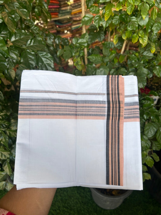20% Discount ! Kaitharikada Balaramapuram 100% Cotton PURE WHITE Double Mundu/Dothi - 100x80 - 1.75 inch Black & Light Peach Shaded Striped Kara 3.90 mtr (8 muzham) - 55 KK5294 THI