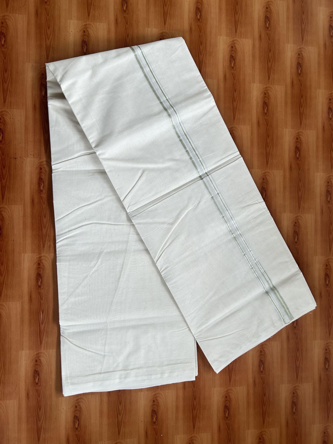 20% Discount! KaithariKada Balaramapuram 100% Cotton Double Off white Mundu/Dhoti- 100x100 - 0.2 cm Puliyilakkara Silver Kasav & Light Pista Green Chutty Kara 4 mtr (8.5 muzham) - 9 KK5392 ASH