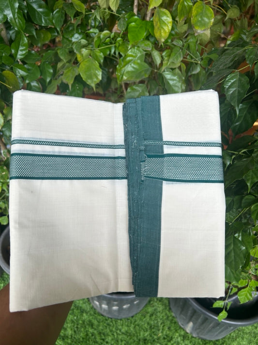 30% DISCOUNT!! KaithariKada BALARAMAPURAM HANDLOOM Unakkupaav- 100% PURE Cotton 100x100 Double Mundu/Dhoti OFF WHITE (Unbleached) - 1.25 inch Green Kara - 1KK5148RAV