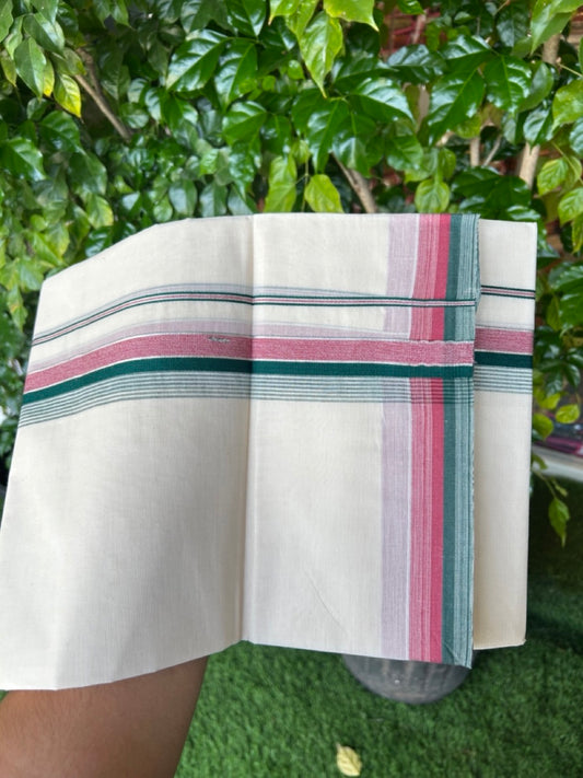 20% DISCOUNT! KaithariKada Balaramapuram 100% Cotton Double OFF WHITE (unbleached) Mundu/Dhoti- 100x80- 1.5 inch Silver Kasavu Dark Green & Dark Pink Stripes Shaded Kara 4 mtr (8.5 muzham) - 72KK5227 PMC