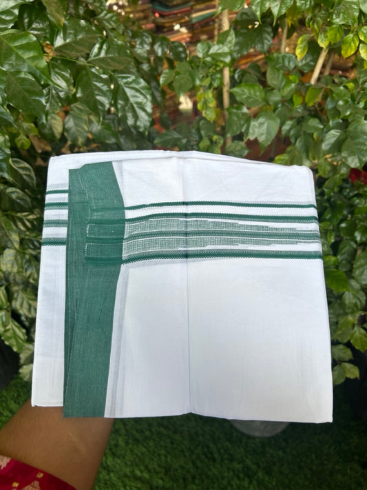 20% Discount ! Kaitharikada Balaramapuram 100% Cotton PURE WHITE Double Mundu/Dothi - 100x80 - 1.5 inch Puliyilakkara Green Striped Chutty Kara 3.90 mtr (8 muzham) - 98 KK5294 THI