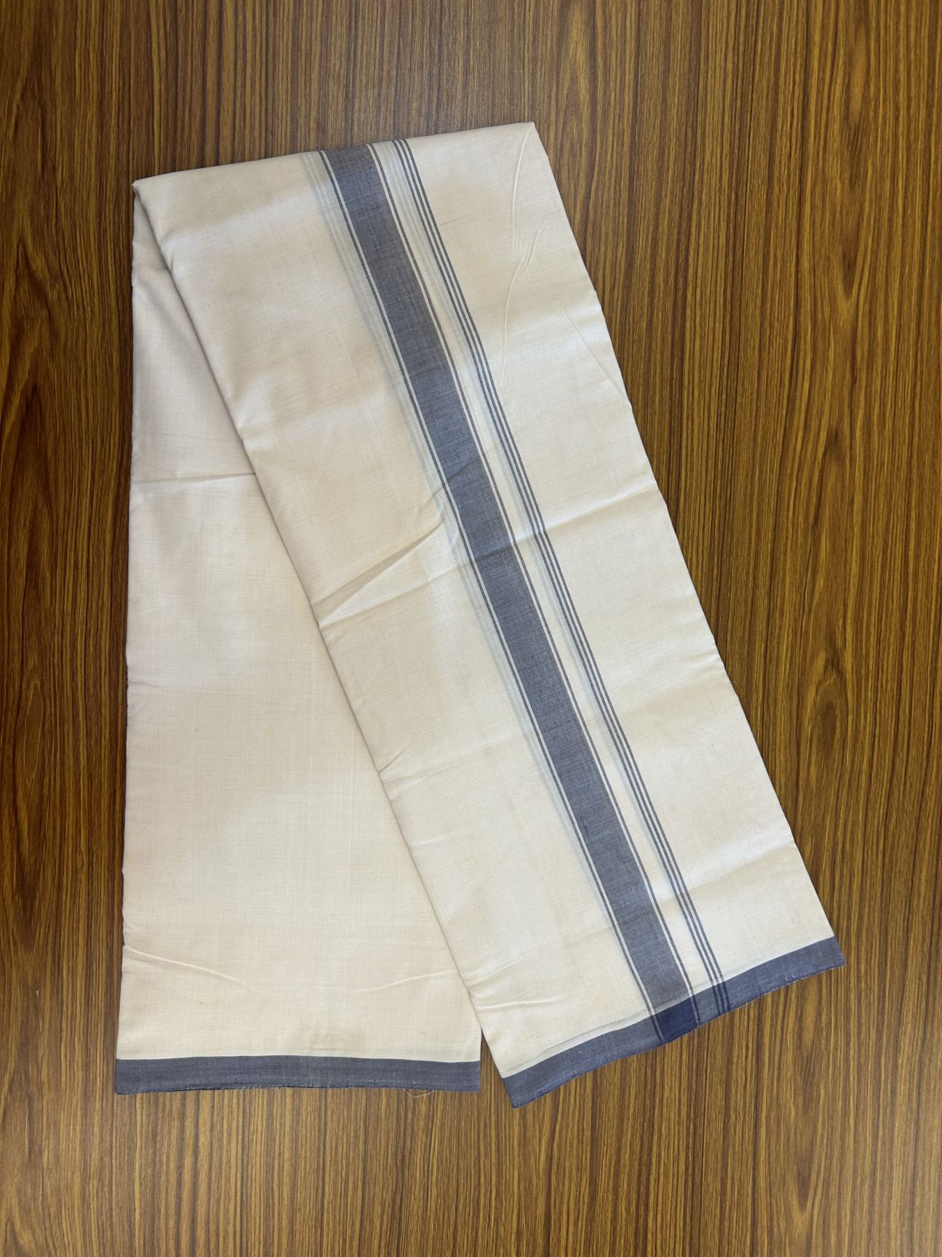 Kerala Handloom - Signature Kaitharikada - Government Sealed Hallmarked-100% Pure Cotton! (2/120X2/160) Twisted Thread- Off White Double Mundu/Dhoti - 1.25 inch Ash Grey Striped Kara 3.80 m (8 muzham) - 1 KK5331 KAL