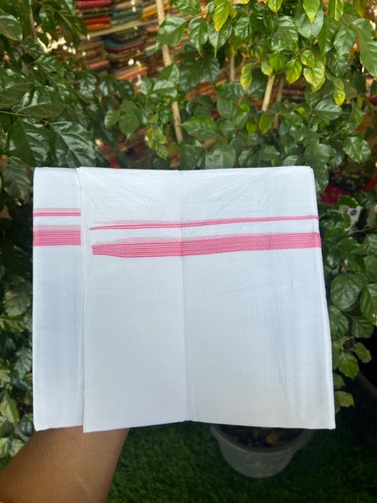 20% Discount ! Kaitharikada Balaramapuram 100% Cotton PURE WHITE Double Mundu/Dothi - 100x80 - 0.5 inch Pink Striped Kara 3.90 mtr (8 muzham) - 59 KK5294 THI