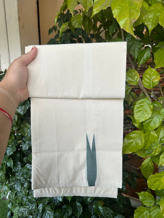 20% Discount!! KaithariKada Balaramapuram 100% Cotton Single Off White - (Unbleached) Mundu/Dhoti - Twisted 100s Thread - 0.75 inch Puliyilakkara Green Chutty Kara(2 meter / 4 muzham) - 11 KK5374 ASH