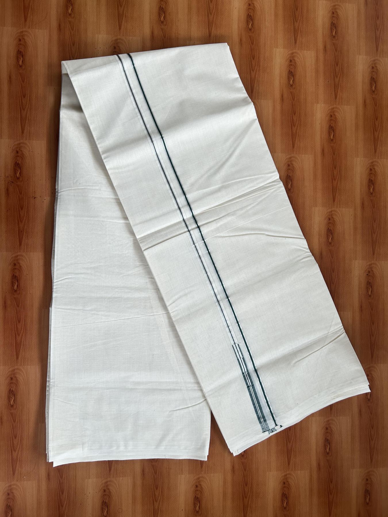 20% Discount! KaithariKada Balaramapuram 100% Cotton Double Off white Mundu/Dhoti- 100x100 - 0.2 cm Puliyilakkara Silver Kasav & Dark Green Chutty Kara 4 mtr (8.5 muzham) - 5 KK5392 ASH
