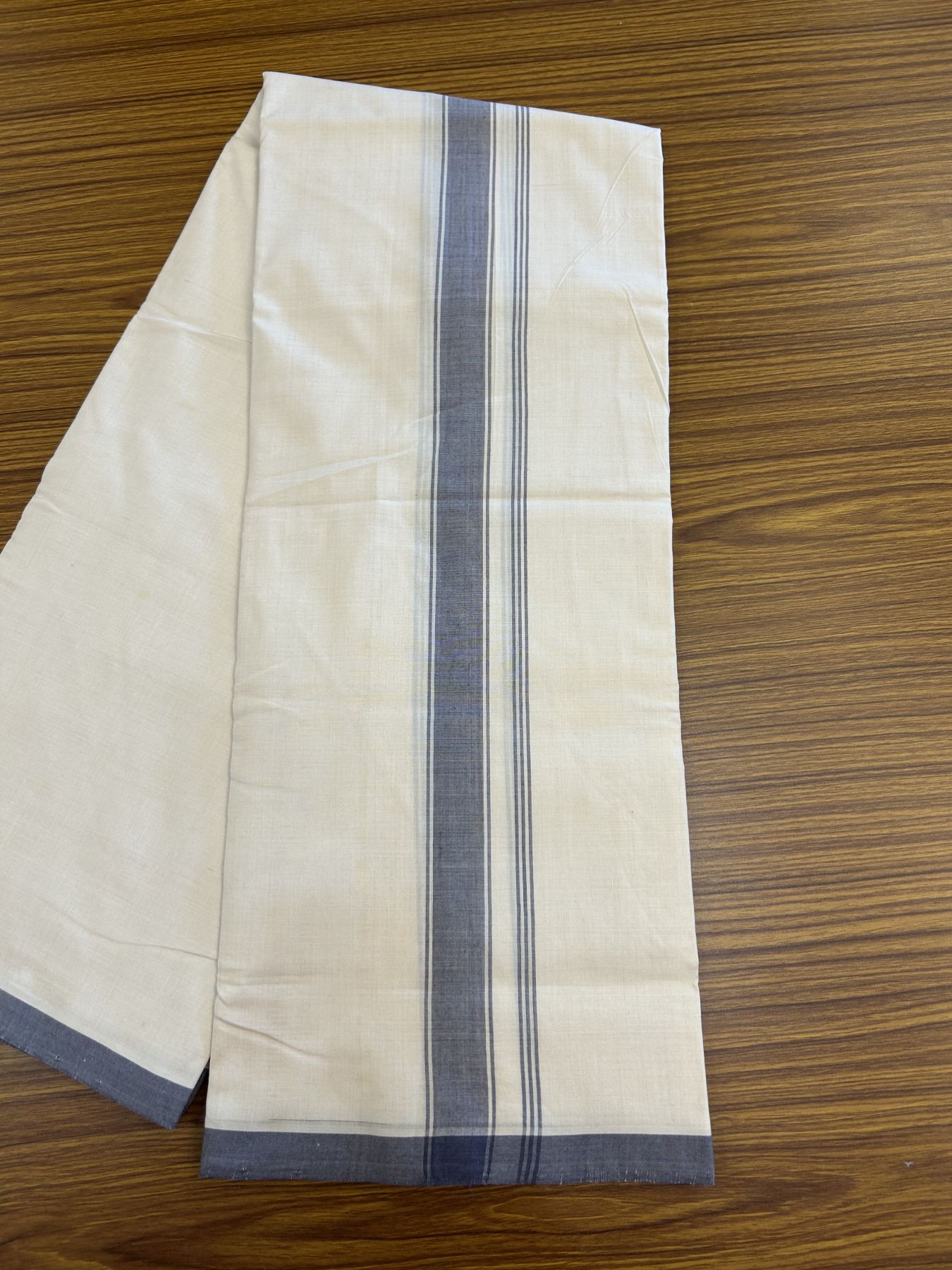 Kerala Handloom - Signature Kaitharikada - Government Sealed Hallmarked-100% Pure Cotton! (2/120X2/160) Twisted Thread- Off White Double Mundu/Dhoti - 1.25 inch Ash Grey Striped Kara 3.80 m (8 muzham) - 1 KK5331 KAL