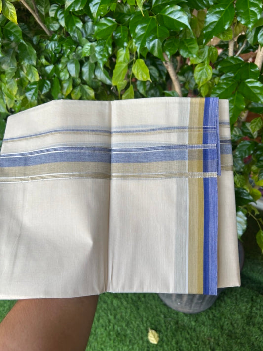20% Discount! KaithariKada Balaramapuram 100% Cotton Double OFF WHITE (unbleached) Mundu/Dhoti- 100x80- 1.75 inch Silver Kasavu Royal Blue & Dark Beige Stripes Shaded Kara 4 mtr (8.5 muzham) -  74KK5227 PMC