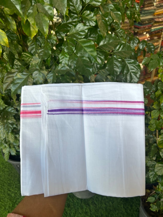 20% Discount ! Kaitharikada Balaramapuram 100% Cotton PURE WHITE Double Mundu/Dothi - 100x80 - 0.5 inch Pink & Violet Striped Kara 3.90 mtr (8 muzham) - 63 KK5294 THI