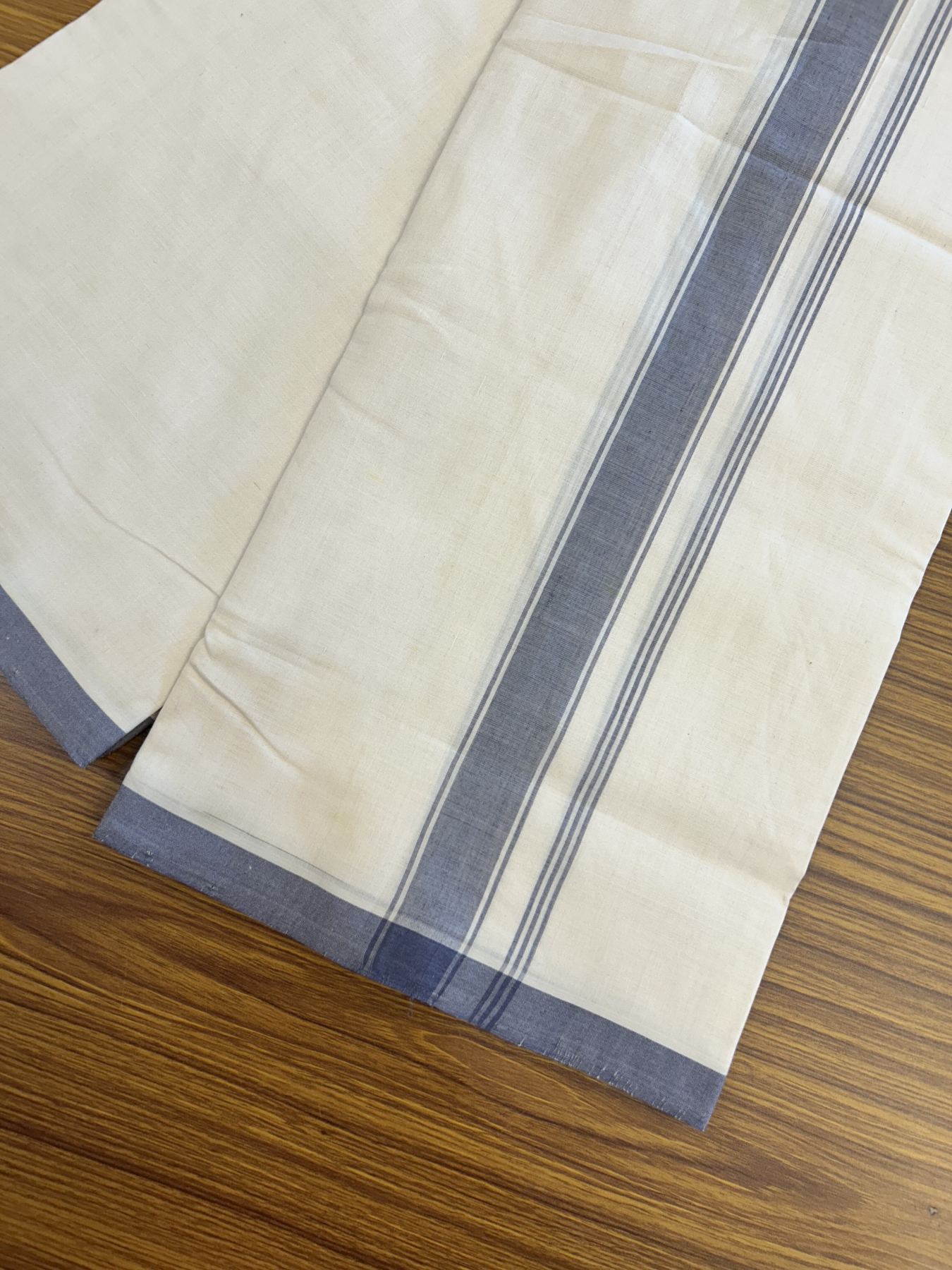 Kerala Handloom - Signature Kaitharikada - Government Sealed Hallmarked-100% Pure Cotton! (2/120X2/160) Twisted Thread- Off White Double Mundu/Dhoti - 1.25 inch Ash Grey Striped Kara 3.80 m (8 muzham) - 1 KK5331 KAL