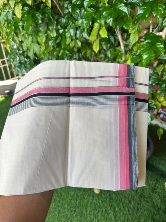 20% DISCOUNT! KaithariKada Balaramapuram 100% Cotton Double OFF WHITE (unbleached) Mundu/Dhoti- 100x80- 1.5 inch Silver Kasavu Black & Pink Stripes Shaded Kara 4 mtr (8.5 muzham) - 70KK5227 PMC