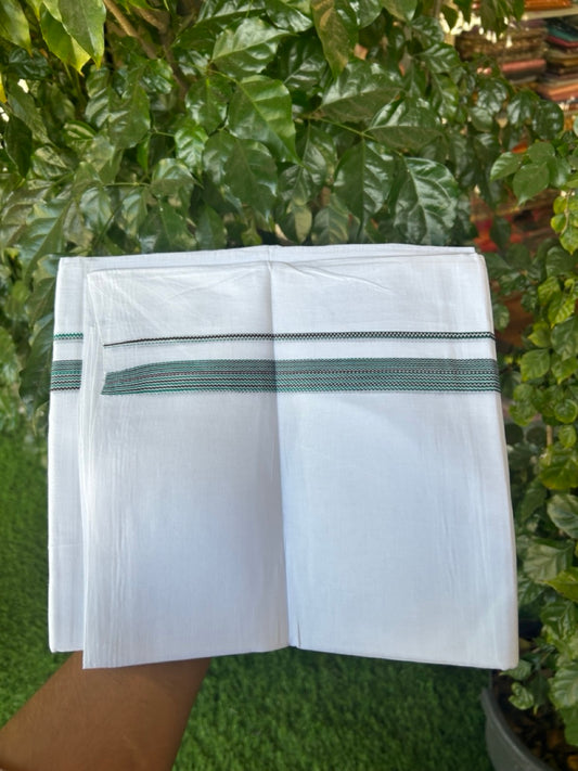 20% Discount ! Kaitharikada Balaramapuram 100% Cotton PURE WHITE Double Mundu/Dothi - 100x80 - 0.75 inch Green & Brown Striped Kara 3.90 mtr (8 muzham) - 62 KK5294 THI