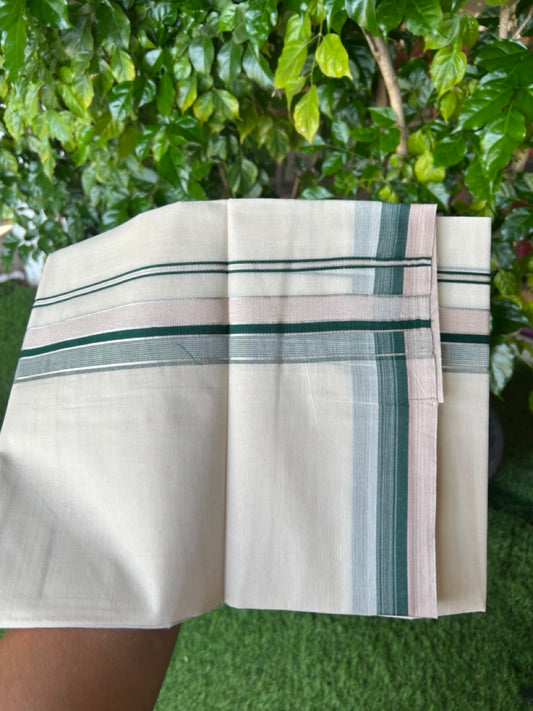 20% DISCOUNT! KaithariKada Balaramapuram 100% Cotton Double OFF WHITE (unbleached) Mundu/Dhoti- 100x80- 1.5 inch Silver Kasavu Dark Green & Creamy Peach Stripes Shaded Kara 4 mtr (8.5 muzham) - 69KK5227 PMC