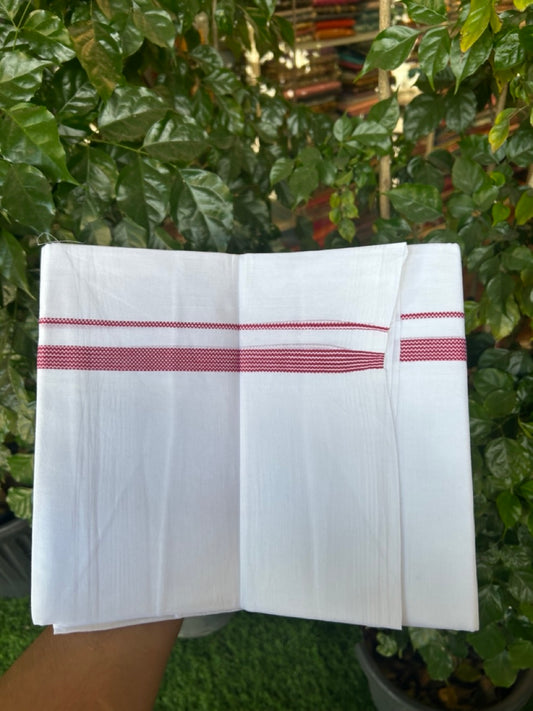 20% Discount ! Kaitharikada Balaramapuram 100% Cotton PURE WHITE Double Mundu/Dothi - 100x80 - 0.5 inch Maroon Striped Kara 3.90 mtr (8 muzham) - 61 KK5294 THI