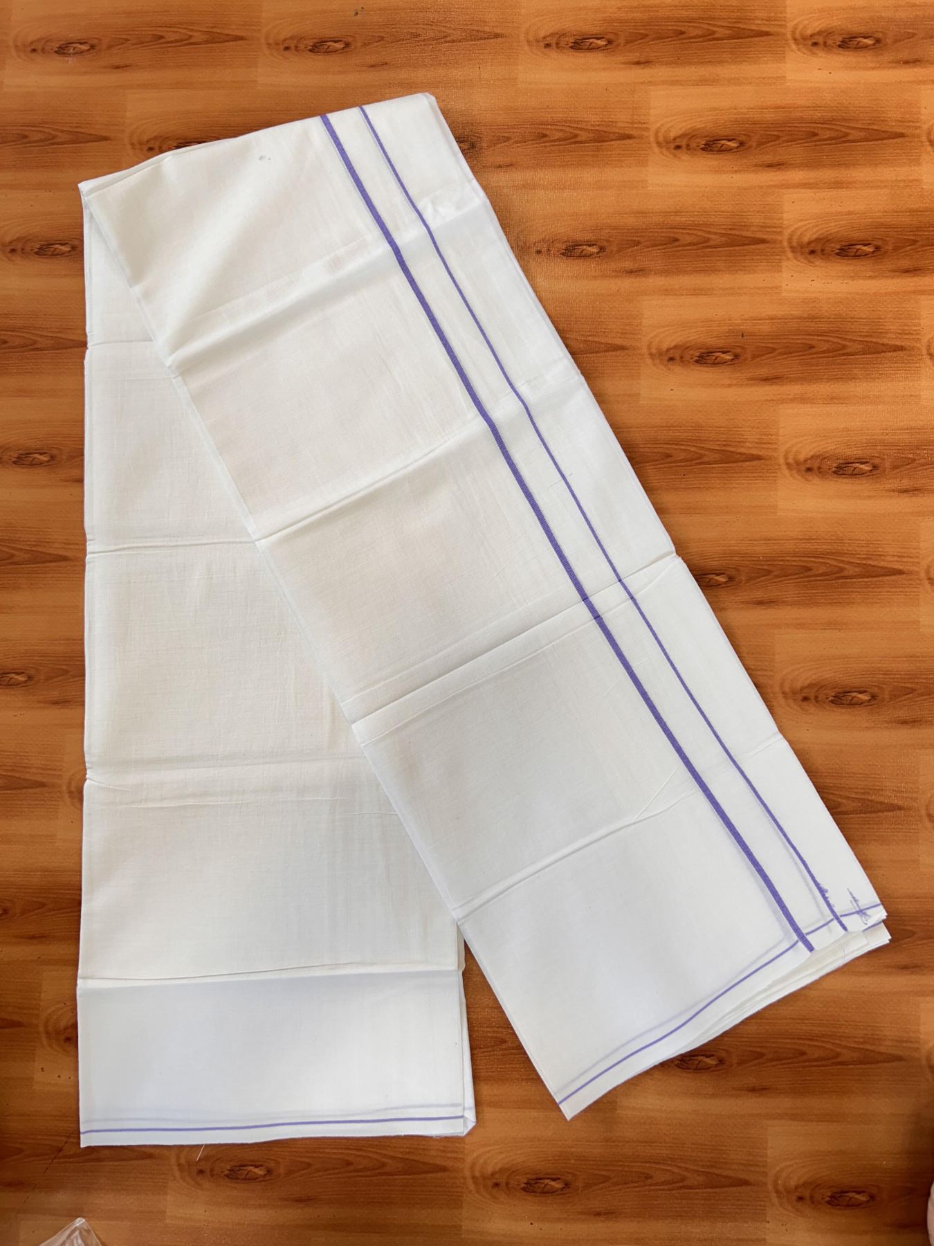 Single Pure White Mundu/Dhoti - KaithariKada Balaramapuram Pure Cotton - 70x30 - 0.3 Inch Lavender Kara 1.90 mtr (4 muzham) - 12 KK5418 PMC