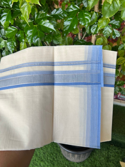 20% DISCOUNT! KaithariKada Balaramapuram 100% Cotton Double OFF WHITE (unbleached) Mundu/Dhoti- 100x80- 1.75 inch Silver Kasavu Sky Blue Stripes Shaded Kara 4 mtr (8.5 muzham) - 68KK5227 PMC