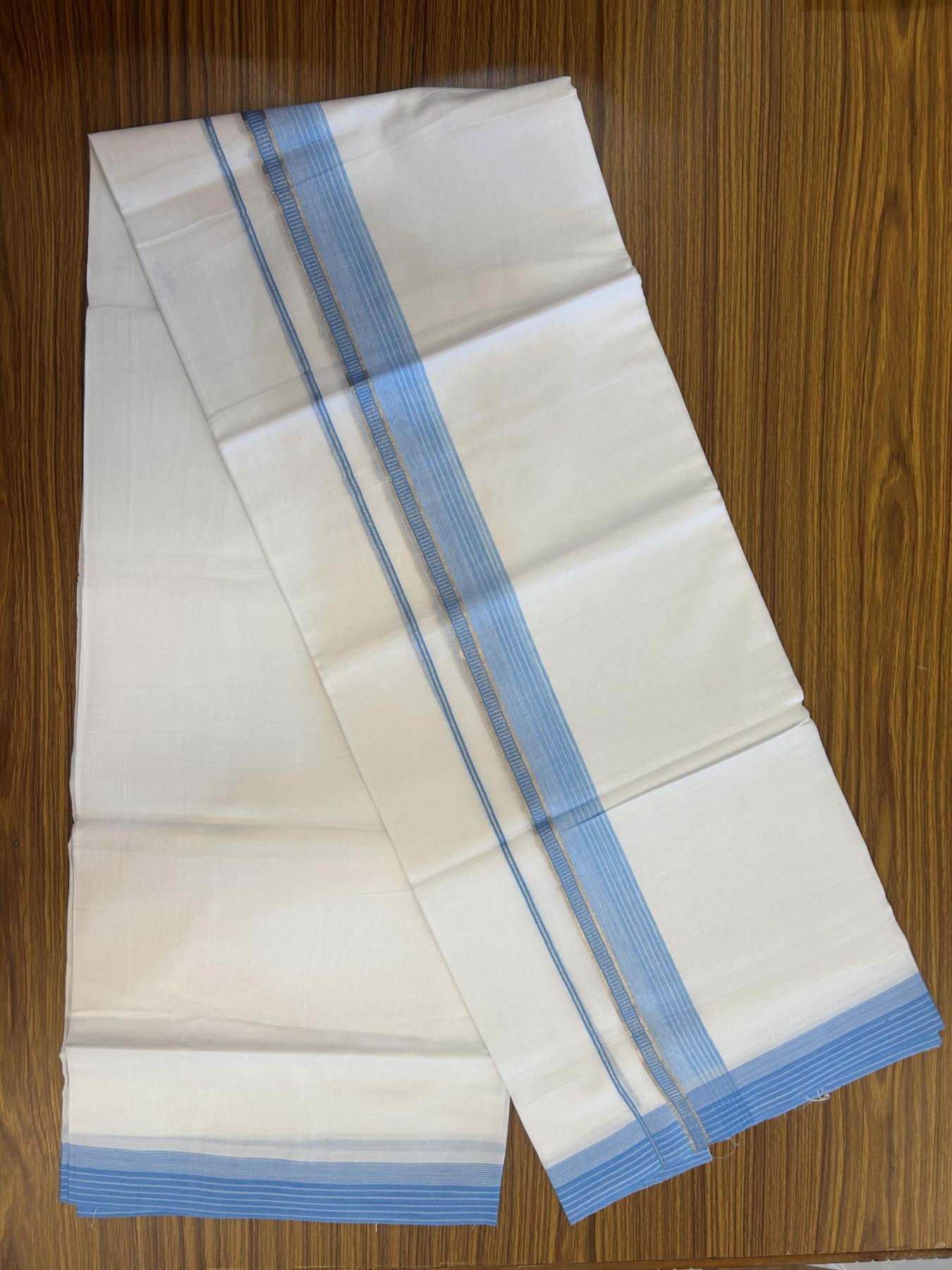 20% Discount!! Kaitharikada Balaramapuram 100% Pure Cotton Pure White Double Mundu/Dothi - 100x80 - 1.75 inch Silver Kasav & Sky Blue Striped Kara - 3.90 m (8 muzham) - 78 KK5356 VAS