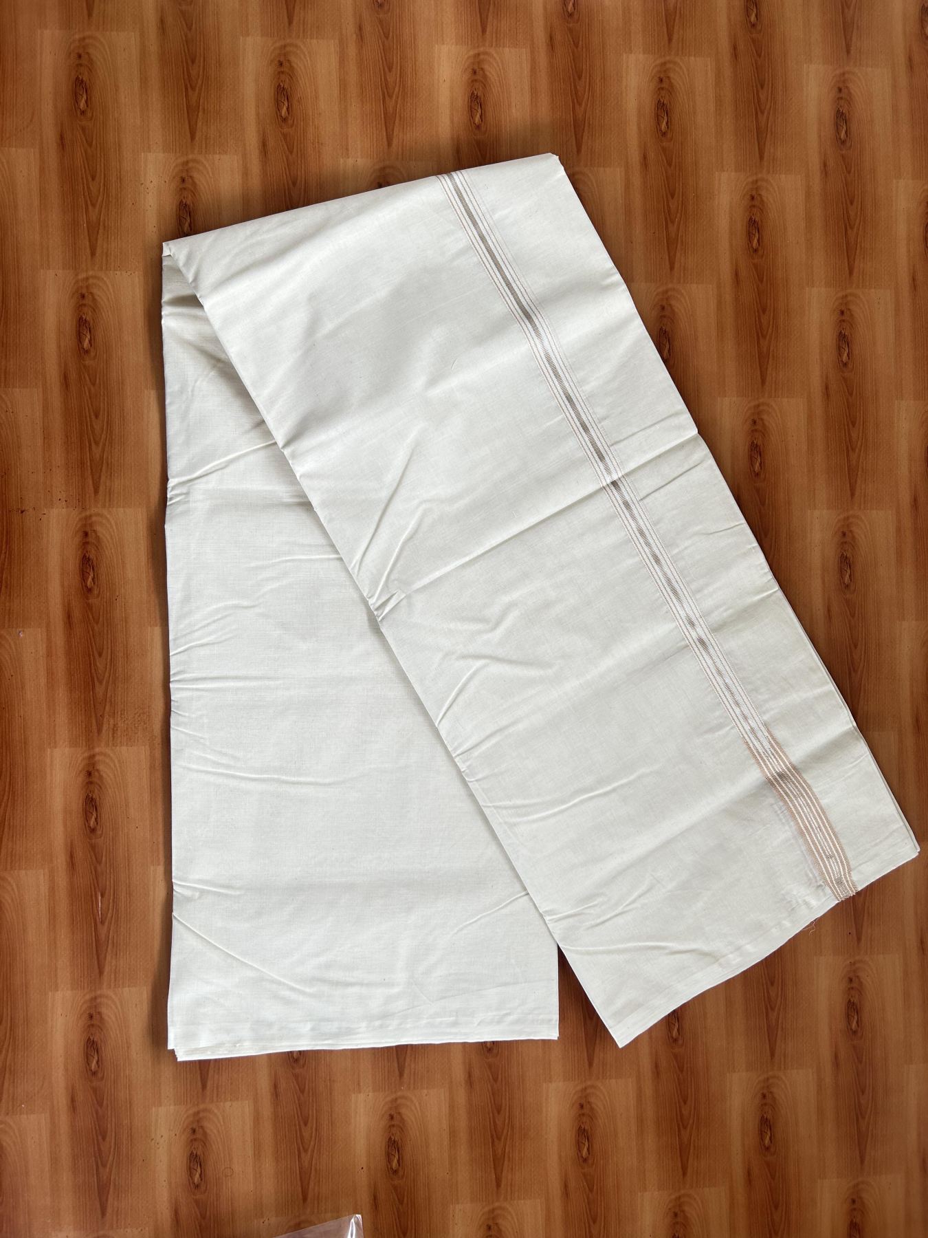 Double Off White (Unbleached) Mundu/Dhoti - 20% Discount !! KaithariKada Balaramapuram - 100% Cotton - 100X100 - 6 line 0.75 inch Silver Kasav & Sand Brown Stripes chutty  (4.50 meter / 9.64 muzham) - 22 KK5392 ASH