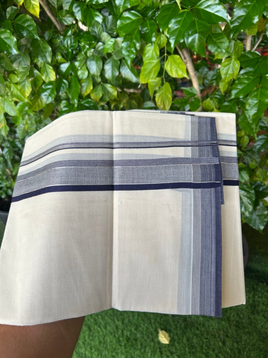 20% DISCOUNT! KaithariKada Balaramapuram 100% Cotton Double OFF WHITE (unbleached) Mundu/Dhoti- 100x80- 1.75 inch Silver Kasavu Navy Blue Stripes Shaded Kara 4 mtr (8.5 muzham) - 73KK5227 PMC