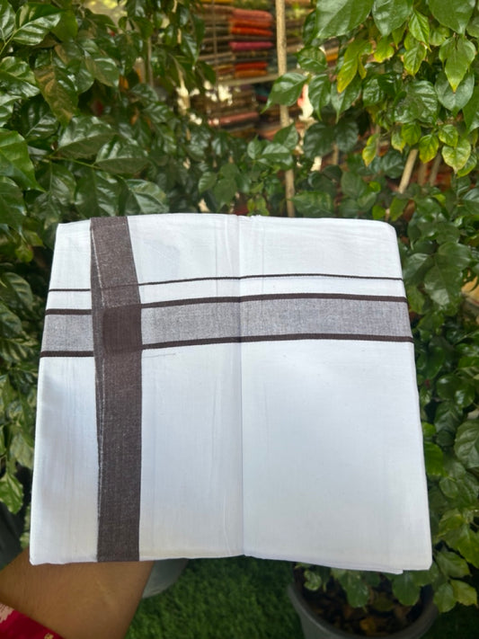 KaithariKada Balaramapuram 100% Cotton Single Pure White Mundu/Dhoti - 100X80 - 1.5 inch Brown Shaded Stripes kara 2 mtr (4 muzham) - 1 KK5294 THI