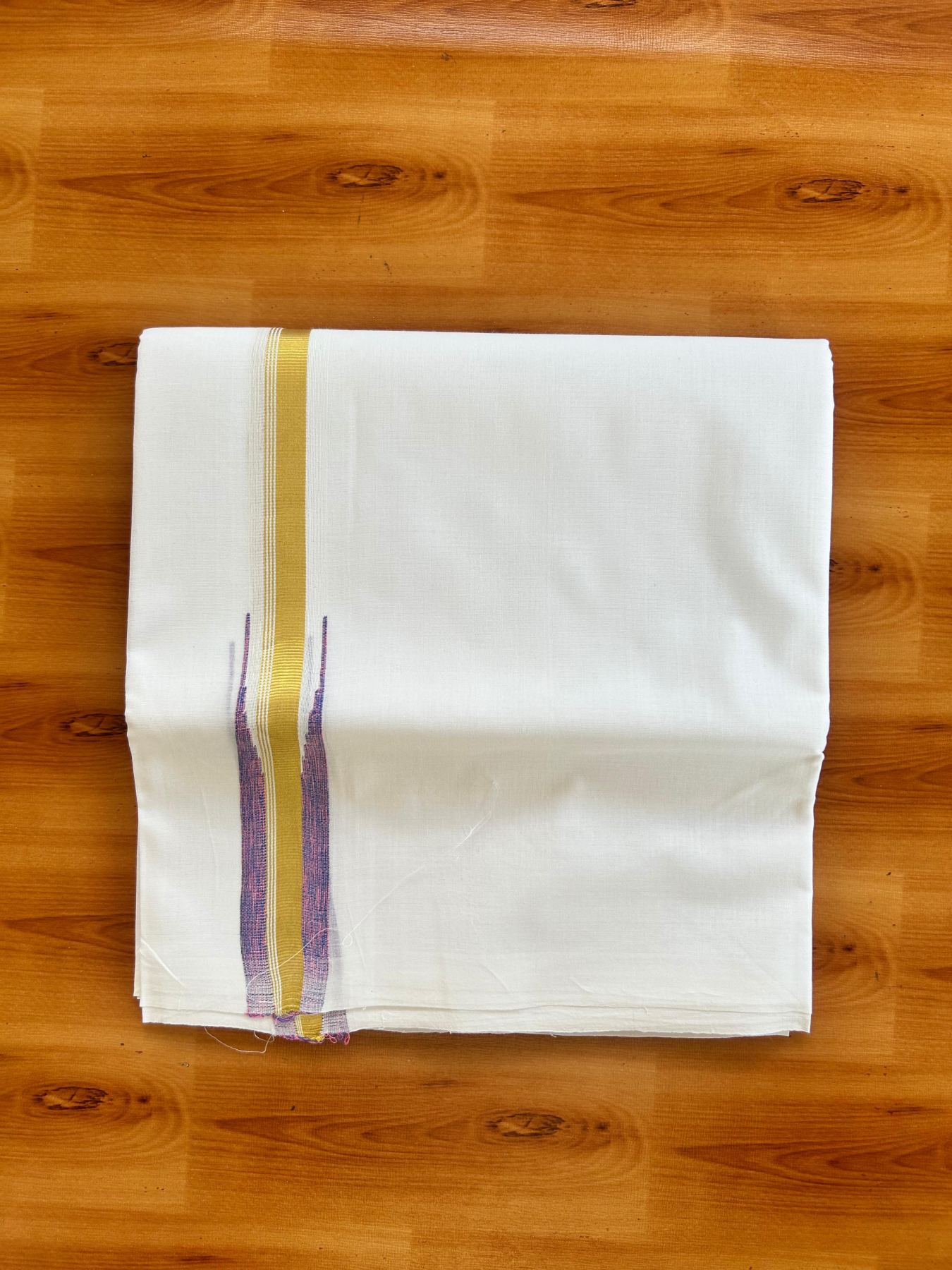 Double Pure White 25% Discount ! KaithariKada Handloom Millpaav - Kerala Handloom - 100% Pure Cotton - 80x90 - 1 Inch Puliyilakkara Gold Kasav Pink & Blue Shaded Chutty Kara 3.90 mtr (8.36 Muzham) - 25 KK5496 YAR