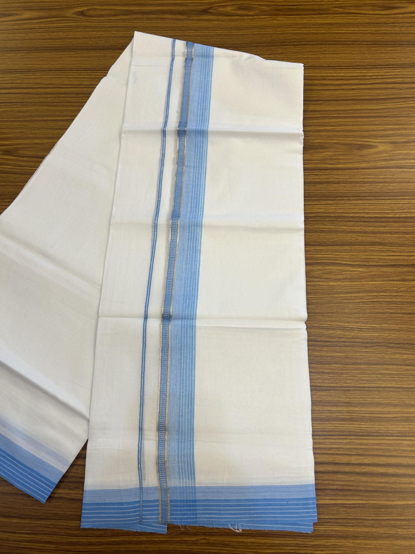 20% Discount!! Kaitharikada Balaramapuram 100% Pure Cotton Pure White Double Mundu/Dothi - 100x80 - 1.75 inch Silver Kasav & Sky Blue Striped Kara - 3.90 m (8 muzham) - 78 KK5356 VAS