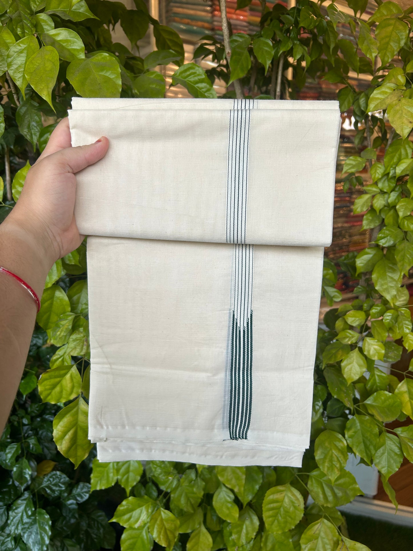 20% Discount! KaithariKada Balaramapuram 100% Cotton Double Off white Mundu/Dhoti- 100x100 - 0.75 inch Puliyilakkara Dark Green 6 Line Striped Chutty Kara - 4 mtr (8.5 muzham) - 6 KK5374 ASH