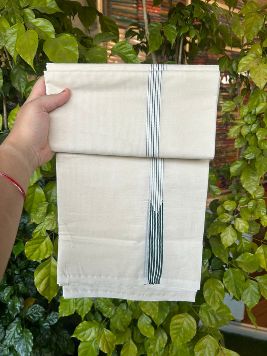 20% Discount! KaithariKada Balaramapuram 100% Cotton Double Off white Mundu/Dhoti- 100x100 - 0.75 inch Puliyilakkara Dark Green 6 Line Striped Chutty Kara - 4 mtr (8.5 muzham) - 6 KK5374 ASH