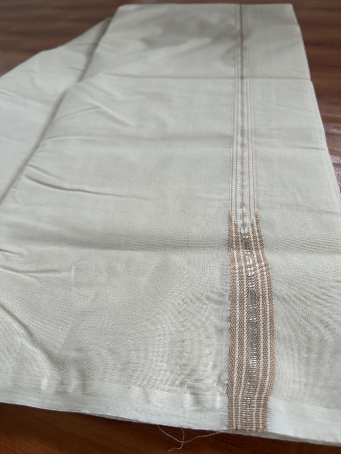 Double Off White (Unbleached) Mundu/Dhoti - 20% Discount !! KaithariKada Balaramapuram - 100% Cotton - 100X100 - 6 line 0.75 inch Silver Kasav & Sand Brown Stripes chutty  (4.50 meter / 9.64 muzham) - 22 KK5392 ASH