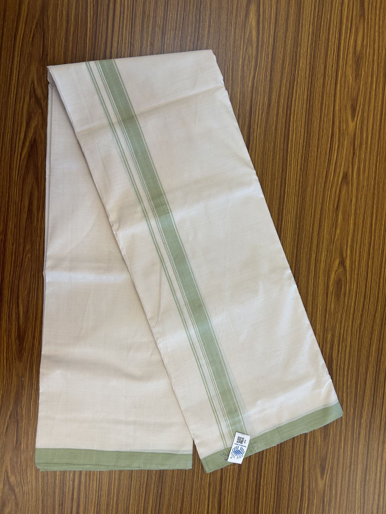 Kerala Handloom - Signature Kaitharikada - 100% Pure Cotton! (2/120X2/160) Twisted Thread- Off White Double Mundu/Dhoti - 1 inch Light Green Striped Kara 4 mtr (8.5 muzham) - 3 KK5331 KAL