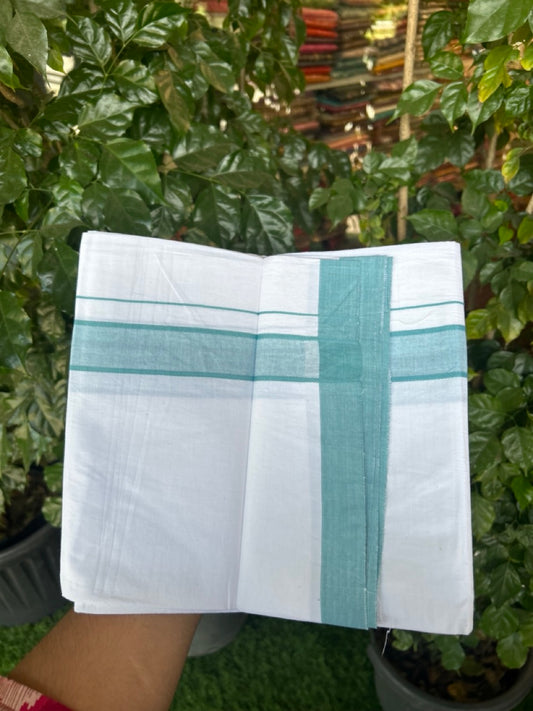 KaithariKada Balaramapuram 100% Cotton Single Pure White Mundu/Dhoti - 100X80 - 1.5 inch Light Teal Blue  Shaded Stripes kara 2 mtr (4 muzham) - 2 KK5294 THI