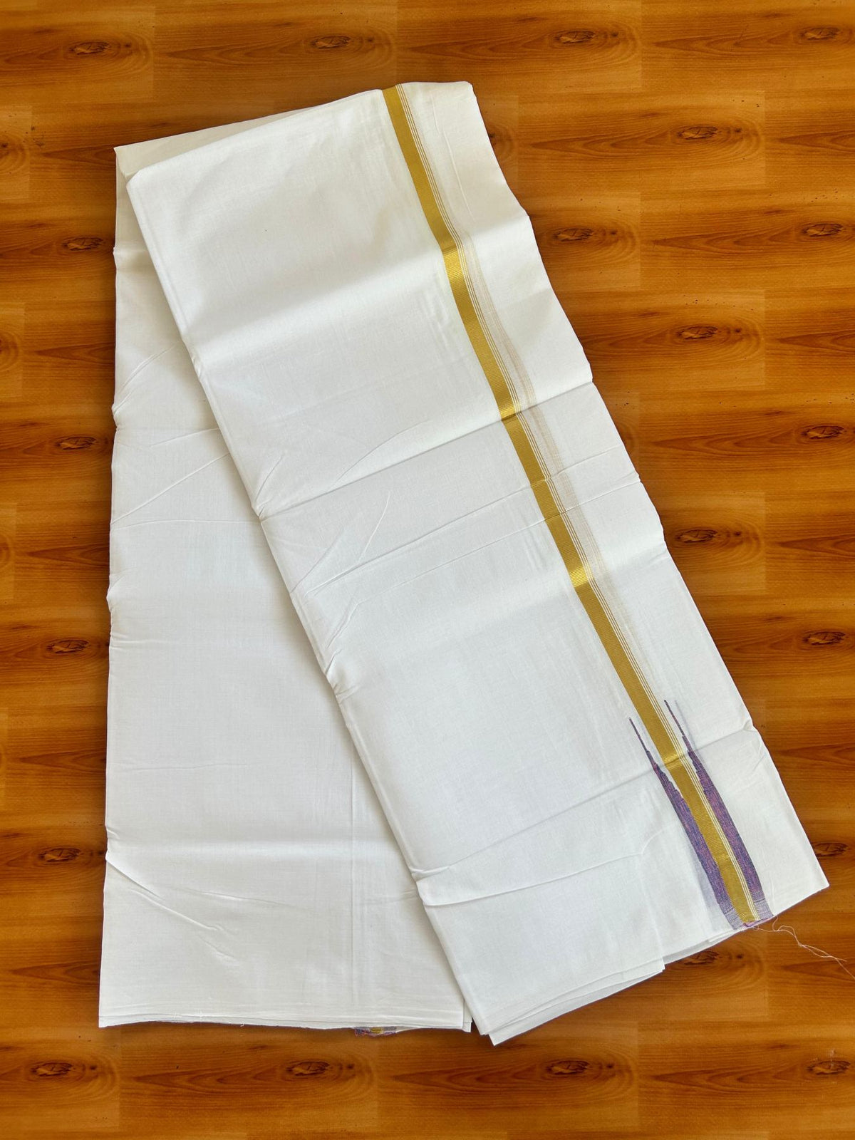 Double Pure White 25% Discount ! KaithariKada Handloom Millpaav - Kerala Handloom - 100% Pure Cotton - 80x90 - 1 Inch Puliyilakkara Gold Kasav Pink & Blue Shaded Chutty Kara 3.90 mtr (8.36 Muzham) - 25 KK5496 YAR