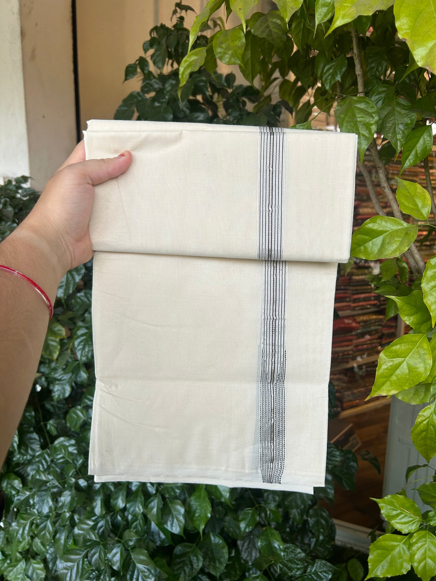 20% Discount! KaithariKada Balaramapuram 100% Cotton Double Off white Mundu/Dhoti- 100x100 - 1 inch Puliyilakkara Silver Kasav & Black Striped Chutty Kara - 4 mtr (8.5 muzham) - 4 KK5374 ASH