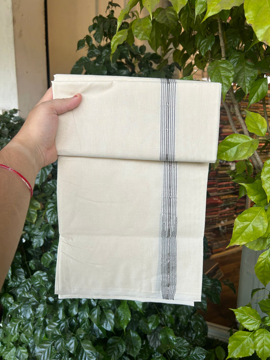 20% Discount! KaithariKada Balaramapuram 100% Cotton Double Off white Mundu/Dhoti- 100x100 - 1 inch Puliyilakkara Silver Kasav & Black Striped Chutty Kara - 4 mtr (8.5 muzham) - 4 KK5374 ASH