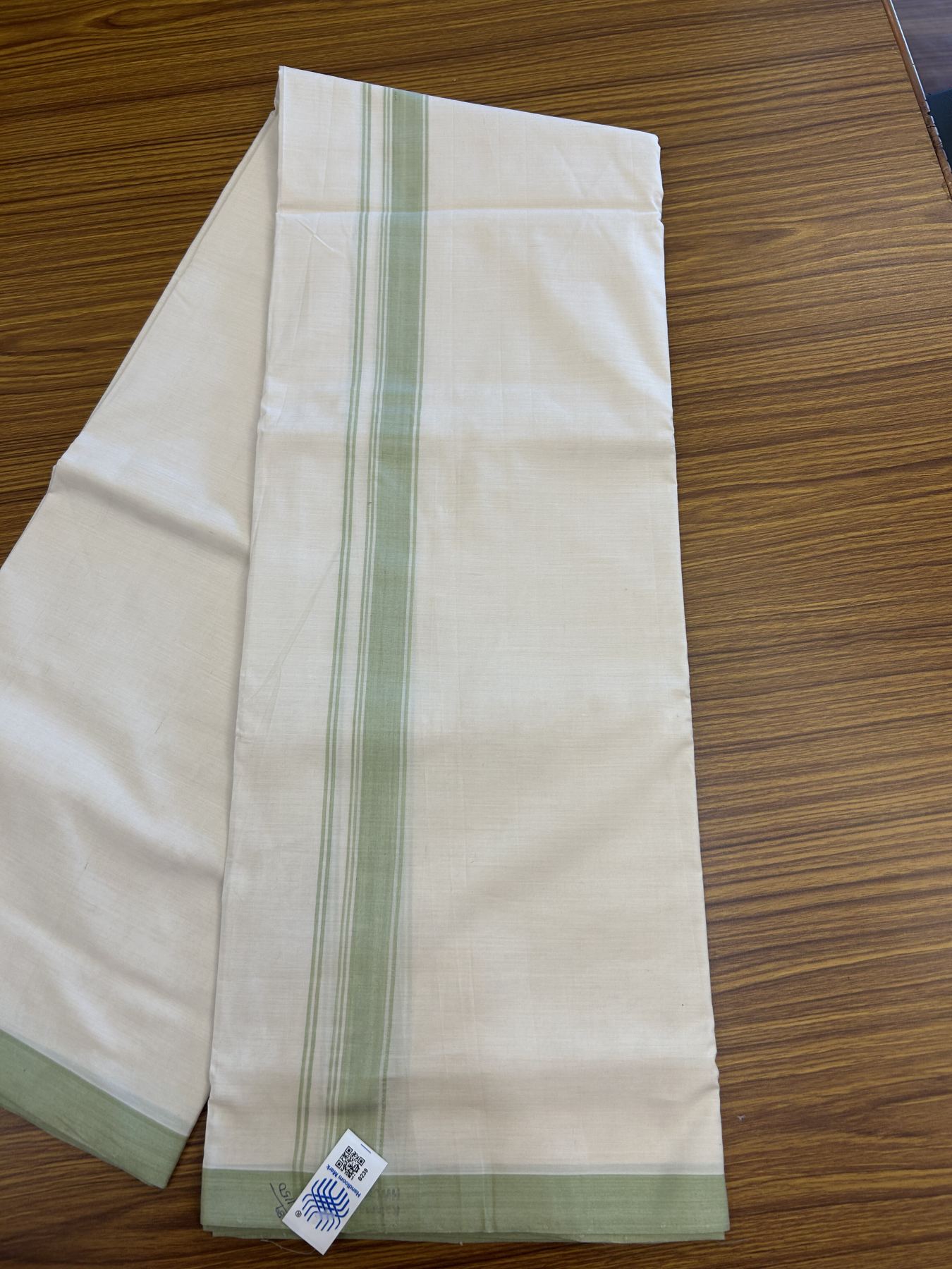 Kerala Handloom - Signature Kaitharikada - 100% Pure Cotton! (2/120X2/160) Twisted Thread- Off White Double Mundu/Dhoti - 1 inch Light Green Striped Kara 4 mtr (8.5 muzham) - 3 KK5331 KAL